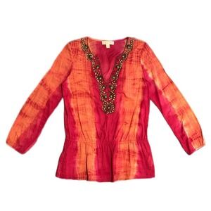 Michael Kors Women's Beaded Sequin Blouse‎ Long Sleeve Pink Orange Boho Size M
